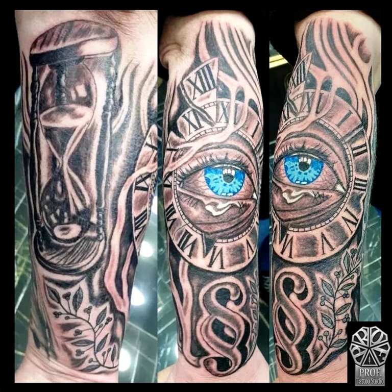 Clock with eye sleeve tattoo